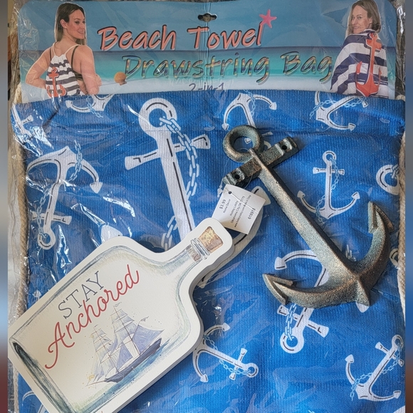 NWt* 2 in 1 anchor beach towel & Drawstring bag ;plus anchor table art. - Picture 1 of 7